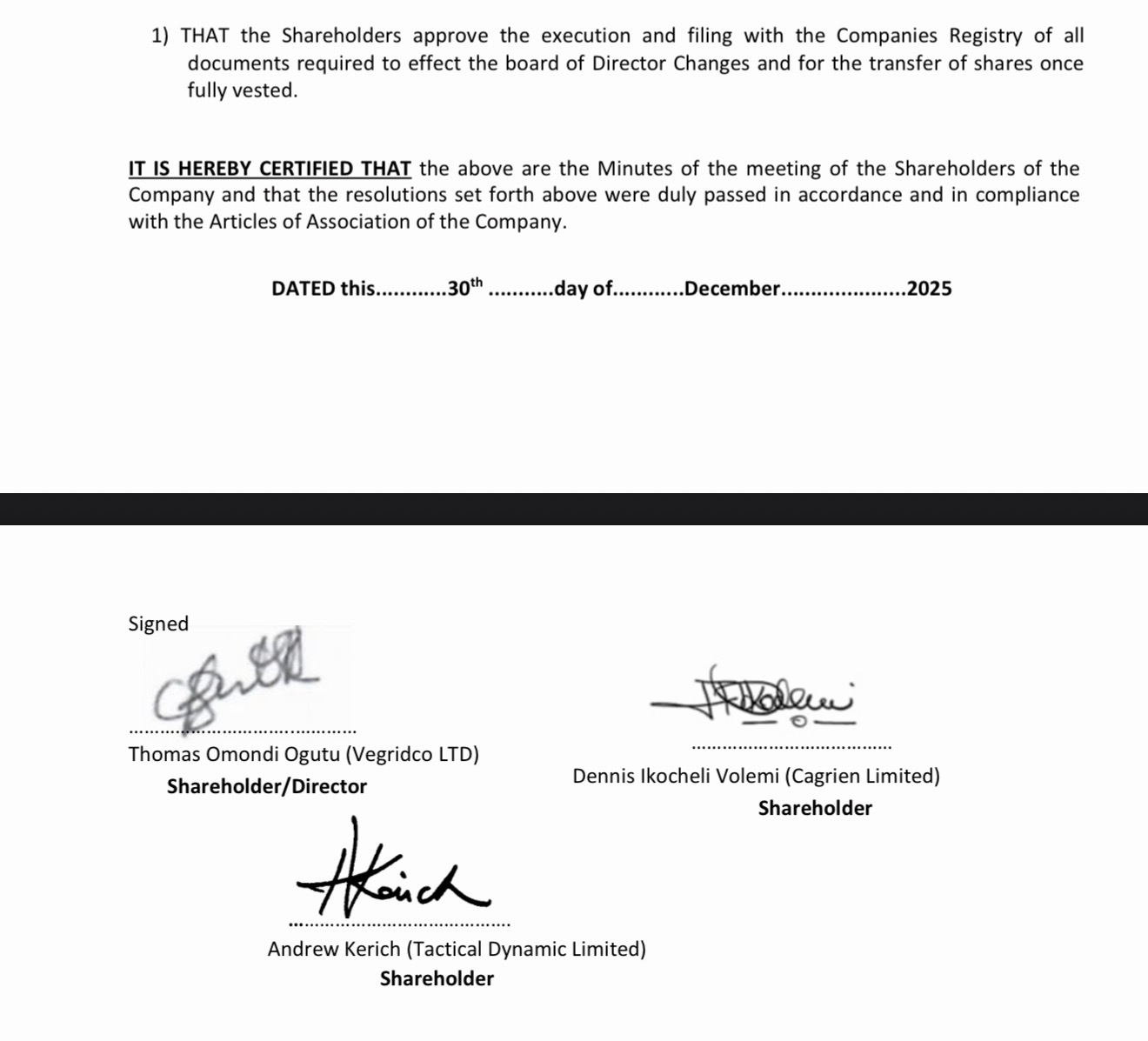 Signed shareholder resolution, dated 30th December 2025