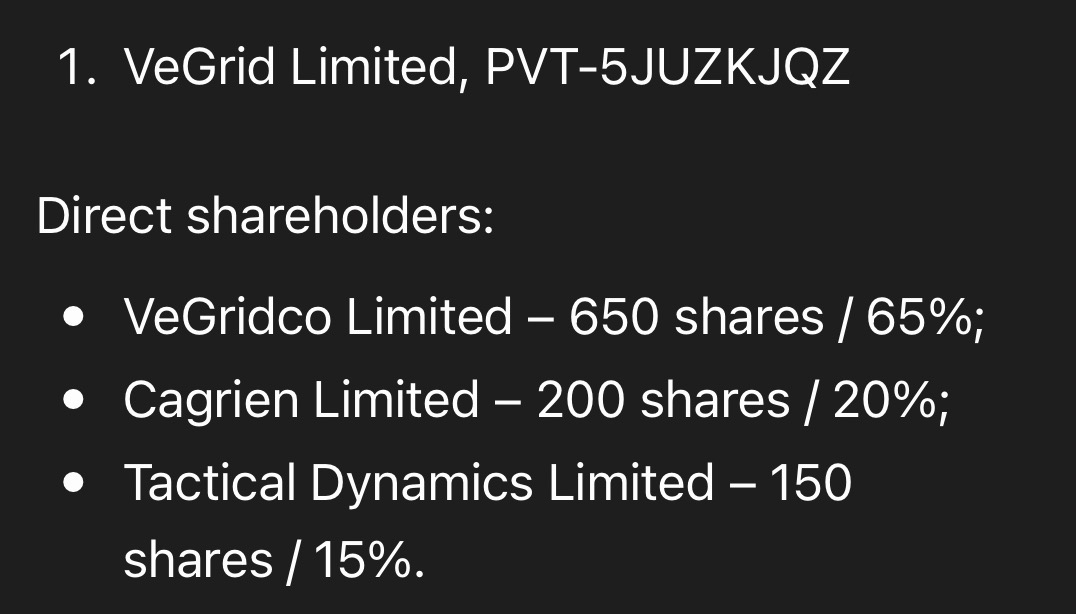 VeGrid Limited direct shareholders: VeGridco 65%, Cagrien 20%, Tactical Dynamics 15%
